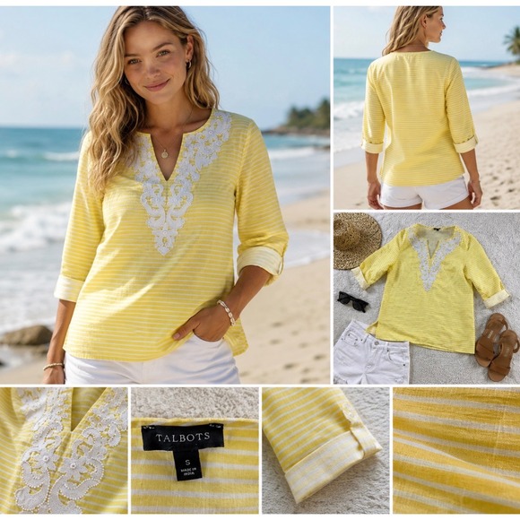 Talbots Tops - Talbots Womens Yellow White Striped 100% Linen Embroidered V-Neck Tunic Top S
